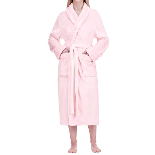 Image of PAVILIA Women's Plush Fleece Robe, Soft Cozy Long Bathrobe with Satin Waffle Trim, Warm Lightweight, Pockets & Tie Belt