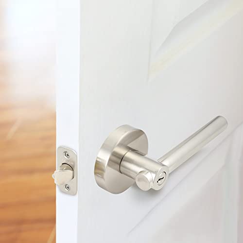 Image of Design House Eastport Keyed Entry Door Lever, Satin Nickel | Surface, Contemporary /Modern, Zinc, Hardware, 580977