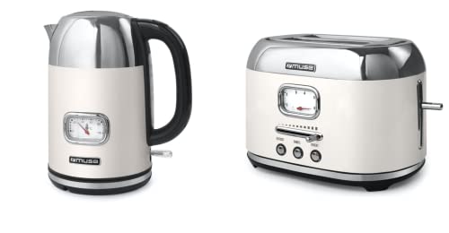 Muse Wasserkocher und Toaster Set, 2er Frühstücks-Set mit Retro Wasserkocher und 2 Scheiben Toaster mit analoger Anzeige, beige und Edelstahl