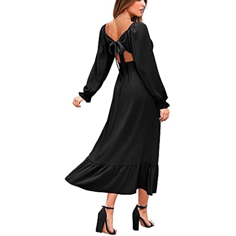 VOTEPRETTY Womens' 2023 Maxi Dress Long Sleeve Black Summer Wedding Guest Tie Back Square Neck Outfit Dress(Black, Medium) Cover