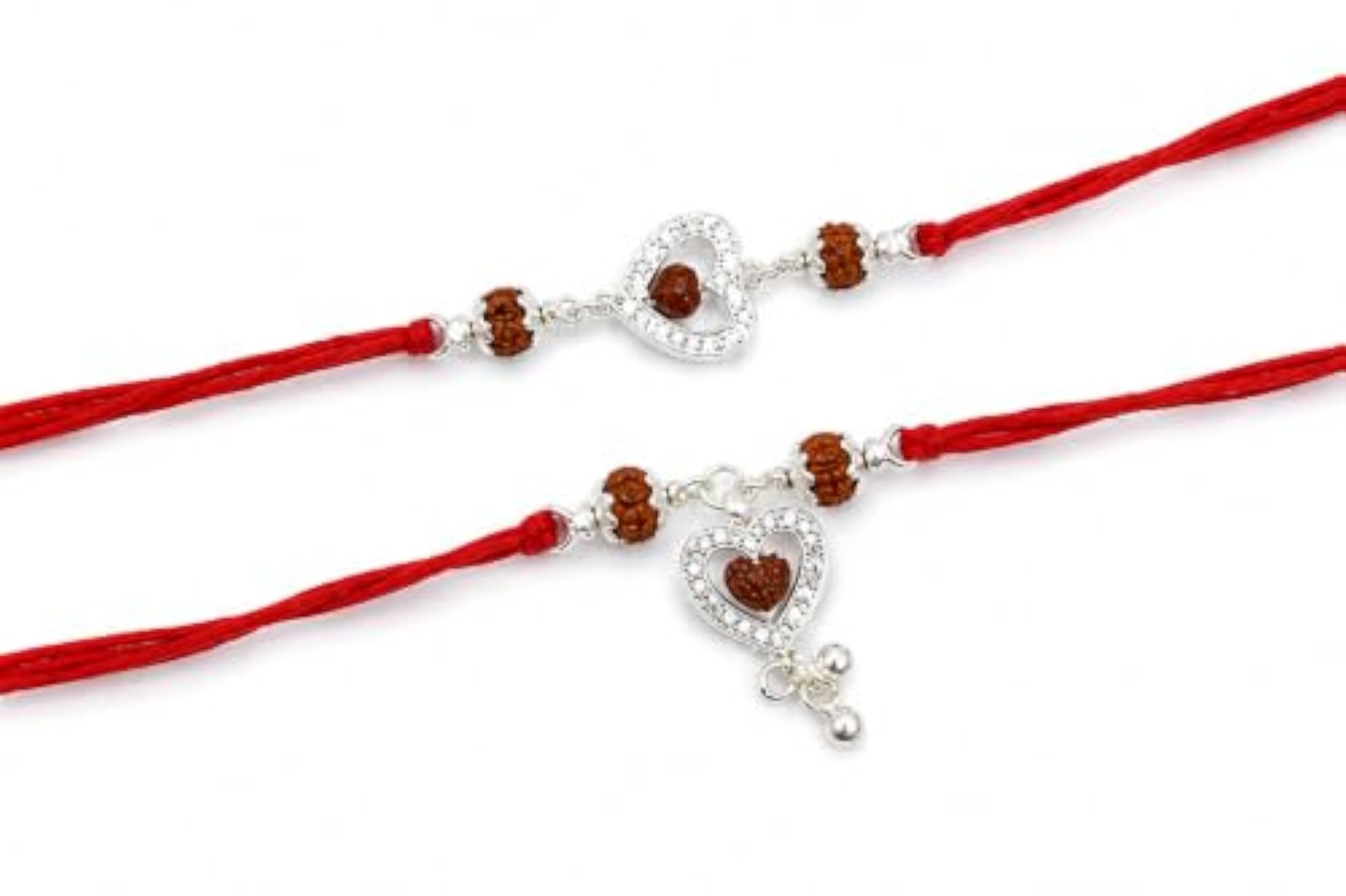 Silver Couple Rakhi Set with Heart Design, Gift for Bhai Bhabhi