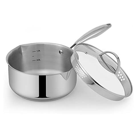 Mr Rudolf 18/10 Edelstahl-Stielkasserolle mit Glassiebdeckel, 2 1/2 Quart Mehrzweck-Saucenpfanne Cover
