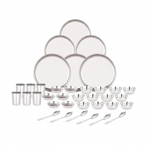 Image of 36 Pieces Stainless Steel Dinnerware /Dinner Set - 6 Thali, 6 D.Plate, 12 Bowl, 6 Glass, 6 Spoon, Kitchen Set for Home & Restaurants, Family - Silver Dinnerware Set