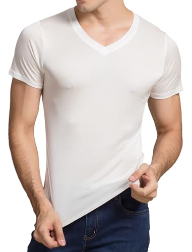 Mens Mulberry Silk T Shirt V Neck TEE Shirts Short Sleeve Undershirt Lightweight Knit Silk Workout Shirts Blouse Tops
