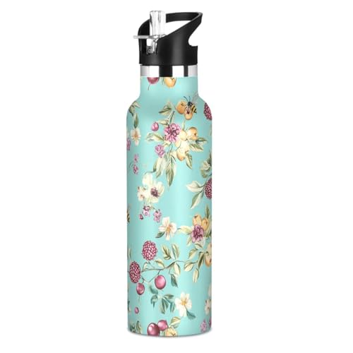 Sweet Flowers Fruits - Botella de agua de metal para niños a prueba de fugas y sin BPA, con asa, aislamiento de doble pared para niños y niñas