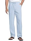 COOFANDY Men's Linen Cotton Pants Drawstring Waist Modern Waistband Trousers Sky Blue