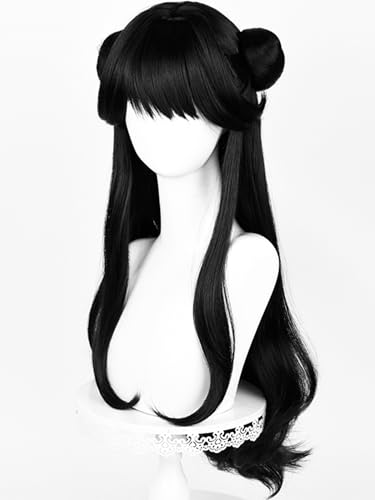 Image of Half and Half Long Black Game Fighter Anime Cosplay Wig with Bangs & Double Buns, Hanfu Costume Wigs 29.9'' Chinese Ancient Vintage Wigs for Women Halloween Party