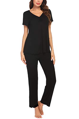 Ekouaer Pajamas for Women 2 Piece Sleepwear Set Cotton Comfy Pjs Set Plus Size Pj Shirts Long Pajamas Pants Black