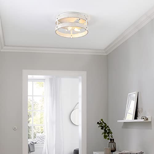 Fivess Lighting Modern Farmhouse ?Antique White Distressed Flush Mount Light Fixture 2-Light Wood Drum Semi Flush Mount Ceiling Light For Hallway Bedroom Kitchen Entryway Farmhouse thumb #1