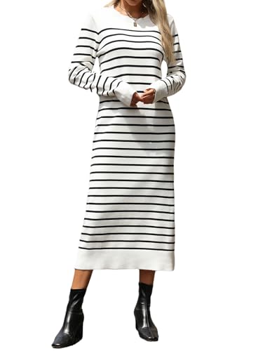Image of Long Sweater Dress for Women Loose Knitwear Striped Long Dresses Stylish Autumn and Winter Outfits