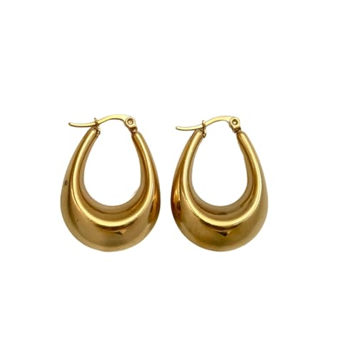 Elegant Retro Drop Hoop Earrings for Women Golden Oval Teardrop Thick Chunky Minimalist Statement Jewelry Gift Trendy Party Wear Pieces (Gold)