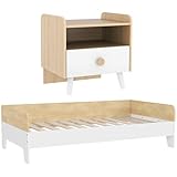 AIYAPLAY Conjunto para Niños Incluye 1 Cama para Niños de +3 Años de Madera 140x70 cm Carga 80 kg y 1 Mesita de Noche Infantil con Cajón y Bordes Redondeados para Dormitorio Blanco y Natural