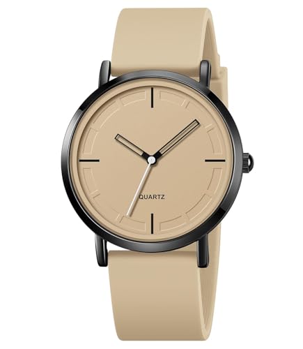 BESTKANG Unisex Wrist Watches Fashion Simple Analog Quartz Wrist Watches Silicone Strap Waterproof Watch Women Men Watches (Khaki)