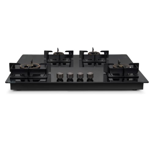 Image of Glen 4 Burner XL Auto Ignition Glass Hob | 2 Triple Ring Forged Brass Burners | Built-in Gas Hob | Toughened Black Glass | 2 Years Standard Warranty & 5 Years Warranty | BH1094XLDFHT2TR