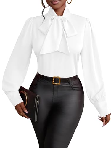 Vrtige Women's Elegant Bow Tie Neck Long Sleeve Blouse Office Shirt Top
