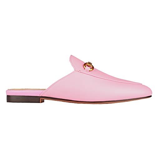 Image of Arqa Mules for Women Almond Toe Leather Flats Slip-on Comfort Backless Loafers Buckle Mule Shoes