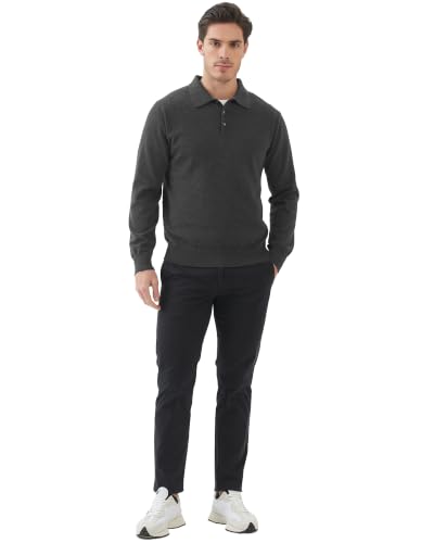 Image of Kallspin Mens 100% Cotton Polo Sweater Long Sleeve Button Down Knit Pullover Relaxed Fit Collared Casual Tops