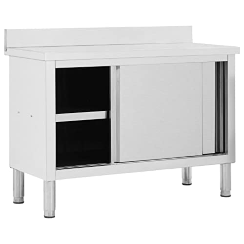 KOIECETA Armario de trabajo con puertas correderas 120 x 50 x (95-97) cm mesa de trabajo Encimera de acero inoxidable Gabinete gastro Armario de puerta corredera de acero inoxidable
