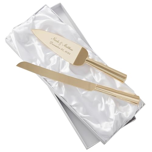 Personalization Universe Classic Gold Wedding Cake Knife & Server Set - Engraved with Names & Message, Wedding Essentials, Personalized Cake Cutting Serving Set