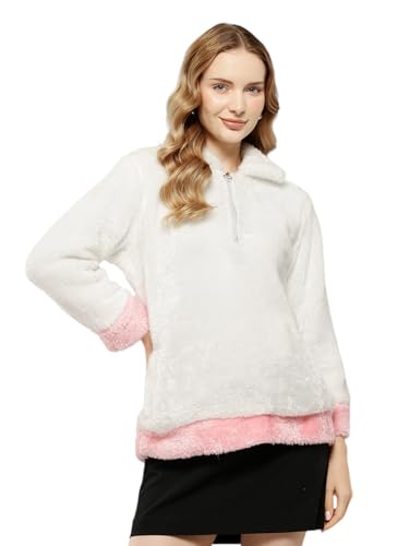 Image of Aarika Womens Winter Wear White-Pink Colour Solid Fur Sweat Shirt