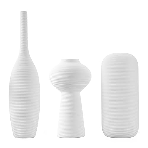 odfit Juego de 3 jarrones minimalistas de cerámica para decoración del hogar, jarrón blanco alto para centros de mesa, boda, cena, dormitorio, oficina