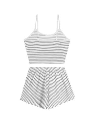 Image of Hilinker Womens Graphic 2 Piece Pajama Set Summer Cute Crop Cami and Shorts Ribbed Lounge Sets