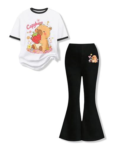 Image of Ayzozuy Tween Girls 2 Piece Outfits Short Sleeve Cartoon Graphic T-Shirt & Flared Pants Kids Clothing Set Size 8-13 Years