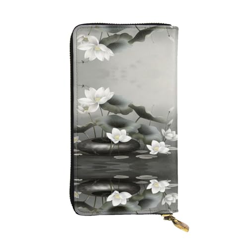 Portefeuille femme en cuir noir imprimé lotus blanc avec 12 emplacements pour cartes pochette longue