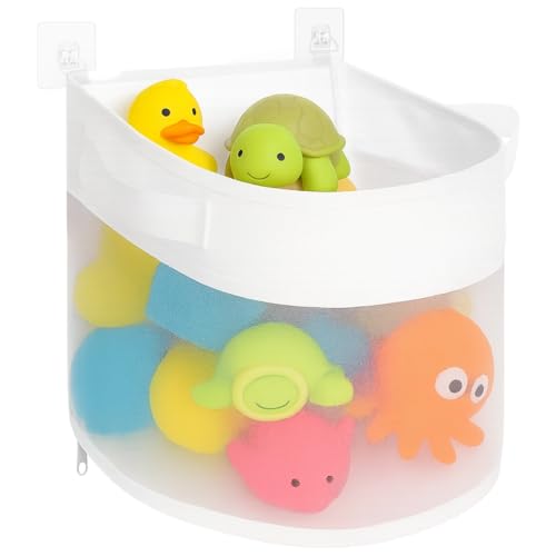 YOFAPA Bath Toy Storage Net - White Corner Shower Organizer with Quick Dry Mesh, Space Saving Bath Storage for Toys Large Openings Bathroom Toy Net