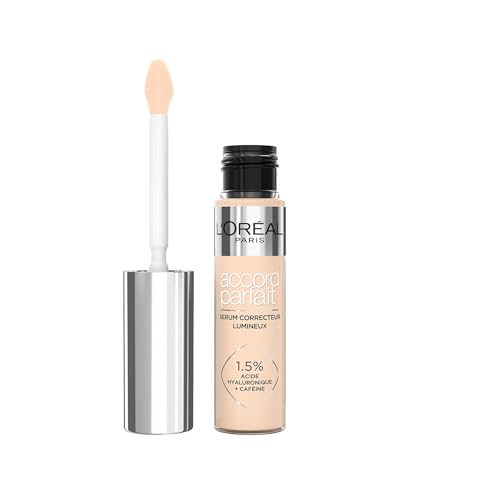 L'Oréal Paris Sérum Corrector Iluminador, Cobertura Media, Acabado Radiante, con 1,5% Ácido Hialurónico y Cafeína, Accord Parfait, Tono 2R, 10ml