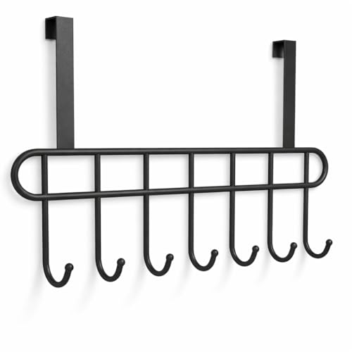 Image of Kundi Multi-Functional Over-the-Door Hook Hanger Rack - Heavy-Duty Steel Wall Hook Organizer with 7 Hooks for Clothes, Towels, Kitchen & Bathroom (Black)