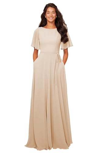 Image of petyoo Chiffon Flutter Sleeve Bridesmaid Dresses with Pockets Sash Long A Line Formal Dress