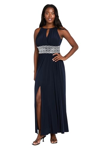 Image of R&M Richards Women's Halter Neck Dress W /Embellished Waistband & Front Slit - Elegant Evening Occasion Maxi Gown