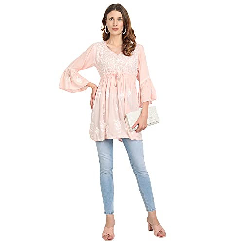 Image of indiankala4u Lucknow Chikankari Hand Embroidered Fit and Flared Top, Short Kurti for Women, Modal Cotton