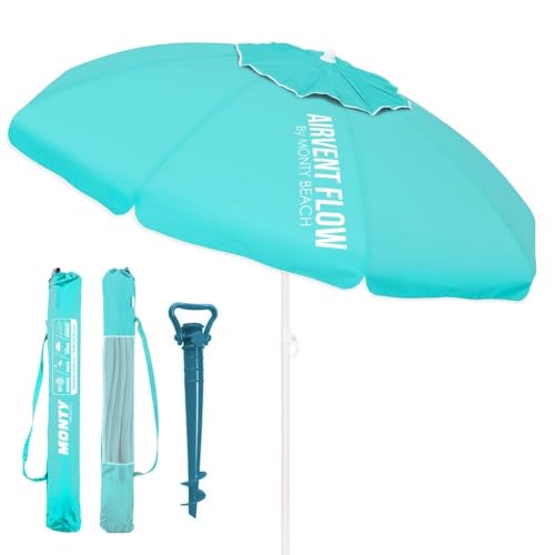 LOLAhome Sombrilla Playa 180 cm y Soporte Arena, protección UV+50, sombrilla antiviento, Varillas Flexibles Fibra Vidrio, Techo ventilación, mástil inclinable y Regulable Altura, Bolsa (Aguamarina)