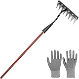 Raisme 草刈り道具 熊手草刈りレーキ 農業用多機能除草ツール 【着脱式8本爪/1.2m棒/高耐久マンガン鋼】 耐摩耗・防錆設計 鋭利刃&人間工学ハンドル 軽量多用途（雑草/溝掘り/土壌管理） 園芸工具 (熊手+手袋+1m棒)