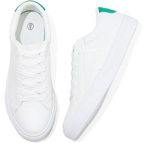 Image of Adokoo Women's Fashion Sneakers PU Leather Casual Shoes White Tennis Low Top Shoes Womens Lace Up Sneakers