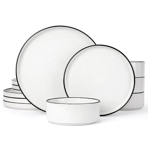 Famiware Nebula Plates and Bowls Sets for 4, 12 Pieces Stoneware Dinnerware Set, Microwave and Dishwasher Safe Dishes Set, White with Black Rim