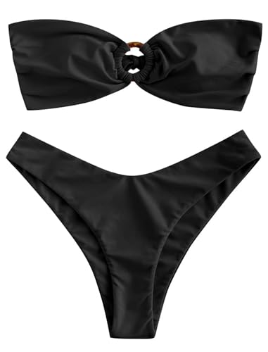 ZAFUL Women's Bandeau Bikini O Ring Strapless Tie Back High Cut Two Piece Swimsuit Bathing Suits