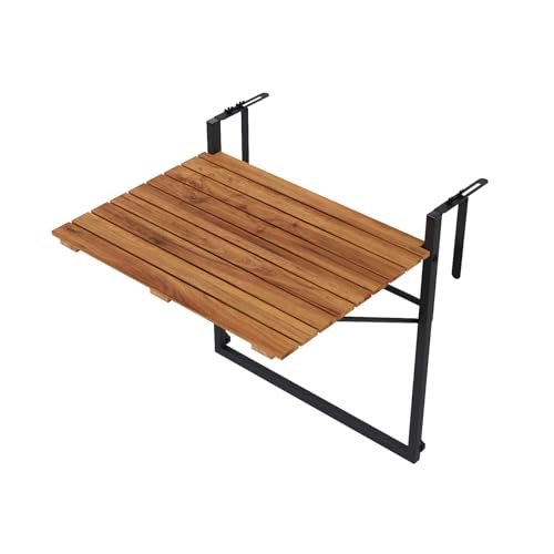 QLS Table de balcon pliante - Table d'appoint - Réglable - Pliable - En bois d'acacia - Pour balcon, terrasse
