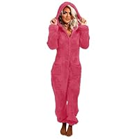 Onesie Pajamas for Women, Plus Size Fuzzy Pajamas Hooded Long Sleeve One Piece Pjs Fleece Winter Warm Loungewear