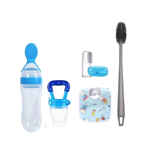 Baby Feeding Starter Set with Squeeze Spoon Feeder, Fruit Feeder Pacifier, Finger Toothbrush, Bib, Blue, 5 Piece Kit for Infants and Toddlers-image-45