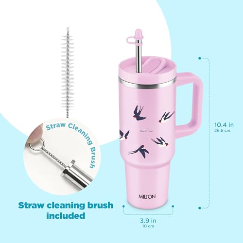 Image of MILTON Malmo 1200 Thermosteel Double Wall Vacuum Insulated Stainless Steel Tumbler with Handle 1100ml, Travel Mug with Straw,Silicon Cap,Cleaning Brush,Hot & Cold Beverage Flask,Birds Pink