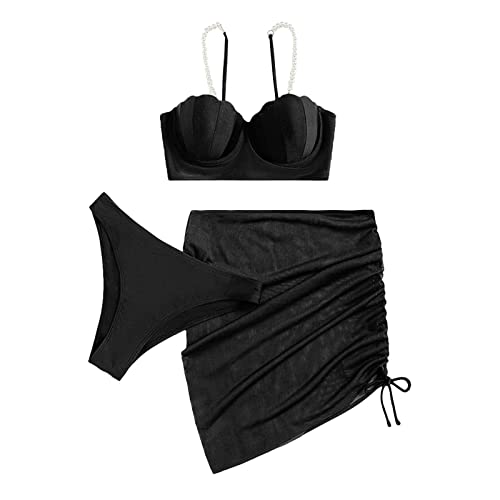 # Traje De Baño Bikini 3 Piezas for Mujer, Triangular con Cordón Perlas (Negro, M)(Black,L)