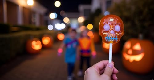 Halloween Sugar Skull Lollipops Candy, 24 Pack, Dia De Los Muertos, Strawberry, Orange, and Blue Raspberry Suckers
