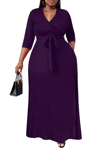 Image of Nmoder Plus Size Maxi Dress for Women - Summer Casual 3 /4 Sleeve Floral Flowy Long Dress with Belt XL- 6XL
