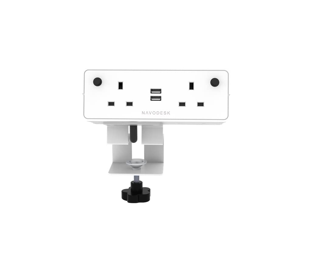 Desk Hub, Desk Clamp Power Strip, 2x UK Power Socket with 2x USB-A Port, Fire Retardant Desk Mount Power Extension for Home & Office (STANDARD, WHITE)