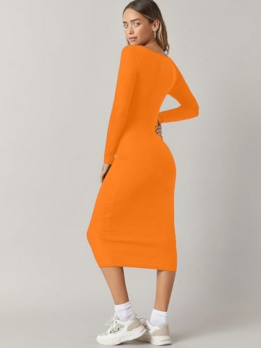 Image of Aahwan Orange Solid Round Neck Solid Bodycon Midi Dress for Women's & Girl's