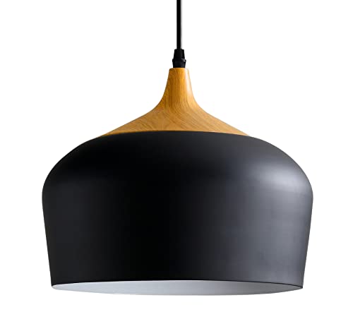Modern Pendant Light Fixture, D11.4 Black Metal Lampshade Wood Pattern Dome Minimalist Industrial Ceiling Hanging Light for Kitchen Island, Dining Room, Living Room, Bedroom Restaurant
