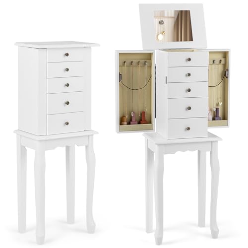 GOPLUS - Armario para joyas con pie, armario con espejo abatible, puertas laterales, compartimento de almacenamiento, armario de 4 niveles para collares, pendientes, pulseras, color blanco